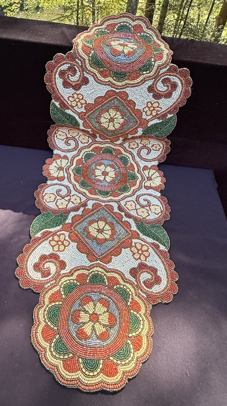 Pier 1 Imports Boho Beaded Table Runner 36"x13" Scalloped Edge Fall Thanksgiving